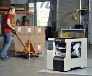 Industrial barcode printer in a warehouse application.