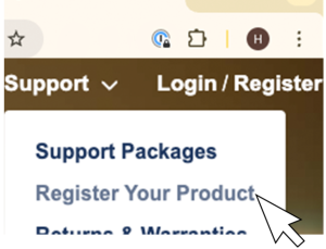 Mouse hovering over Register Your Product